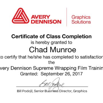 Chad Munroe completes Avery Dennison Supreme Wrapping Film Training, and gains Avery CWI Certification.